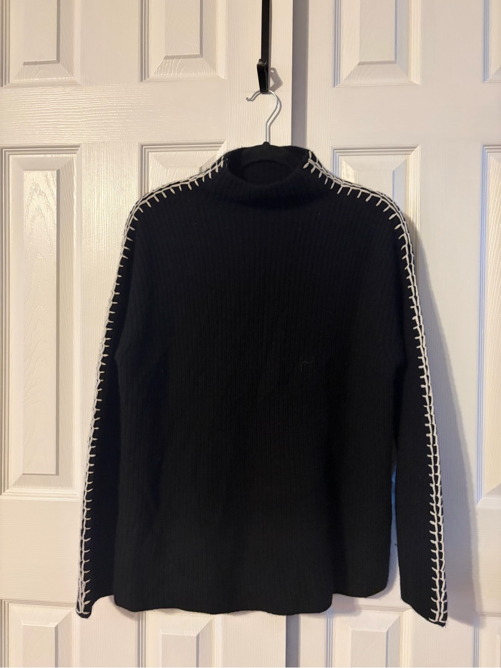 The Cashmere Project Black Mock Neck Tunic Sweater With White Whipstitching